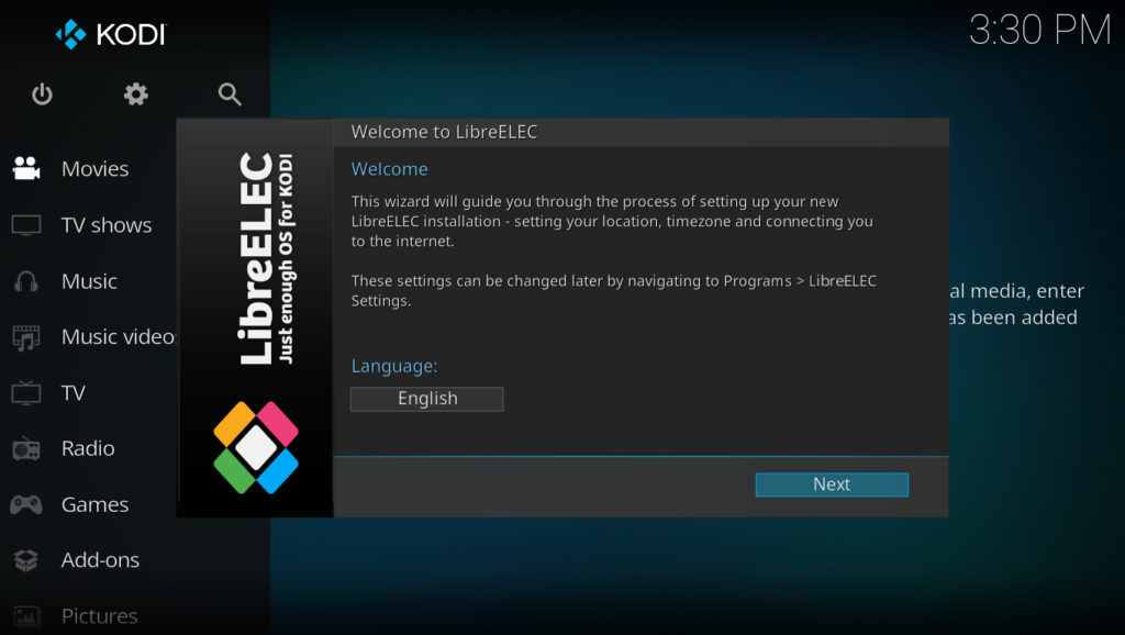 Úvodní obrazovka LibreELEC